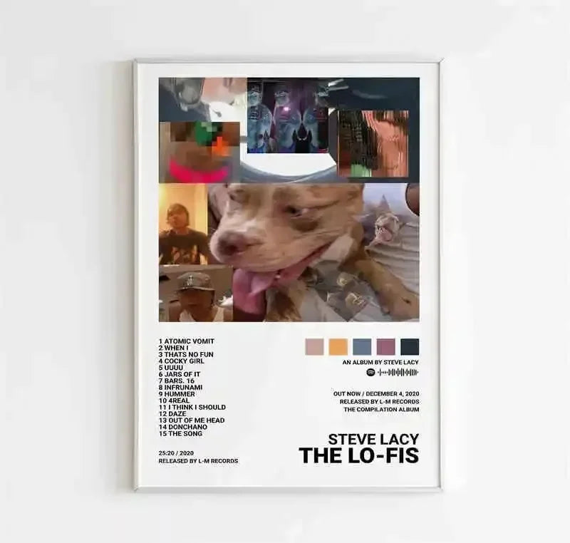 A framed black and white steve lacy album poster aesthetic featuring track list on canvas wall art for room decor