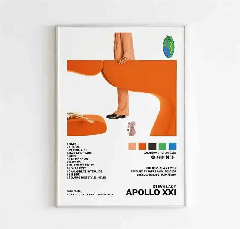 A framed playboi carti canvas featuring an album poster aesthetic with orange abstract shapes and beige pants design