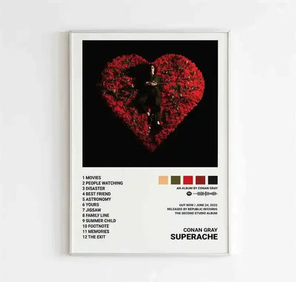 A framed canvas wall art poster featuring a heart-shaped arrangement of red roses and conan gray superache album art