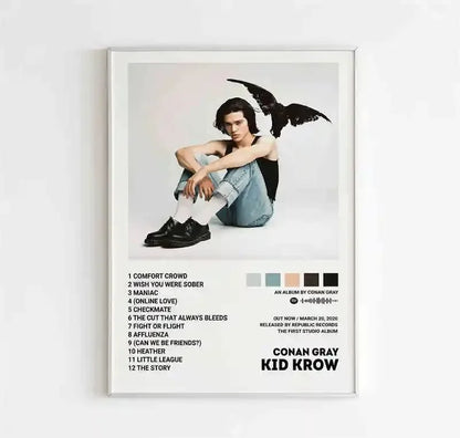 Framed canvas wall art poster featuring conan gray in a black tank top with a black bird on his shoulder for room decor