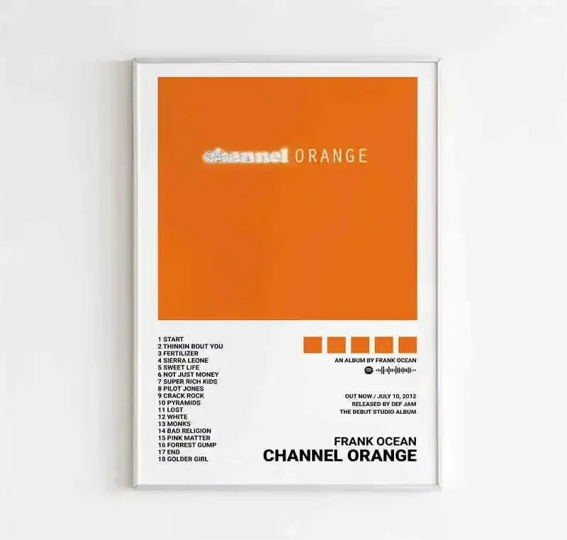 Minimalist framed album poster aesthetic featuring frank ocean channel orange with bold orange rectangle and white text