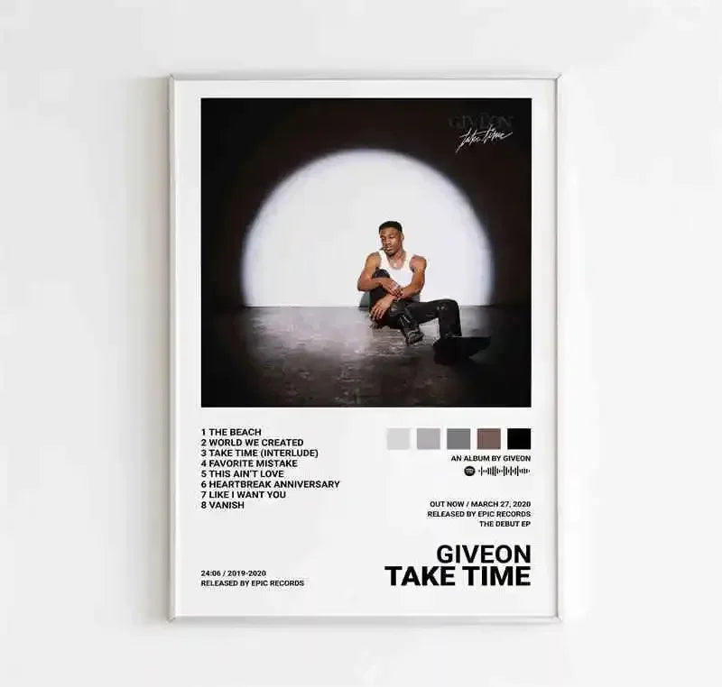 White-framed canvas poster featuring a black-and-white photo of Giveon with tracklist, ideal for pop hip hop room decor