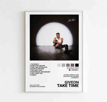 White-framed canvas poster featuring a black-and-white photo of Giveon with tracklist, ideal for pop hip hop room decor