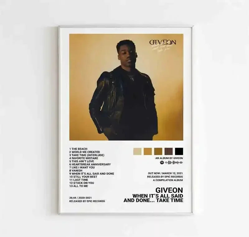 A framed pop hip hop rapper music album poster with black leather jacket artist on beige canvas wall art decor