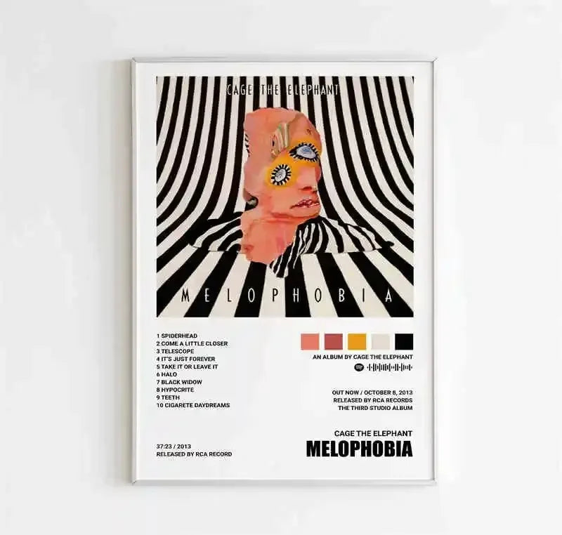 A framed matte paper poster featuring cage the elephant melophobia album artwork with yellow eyes and black white stripes for room decor