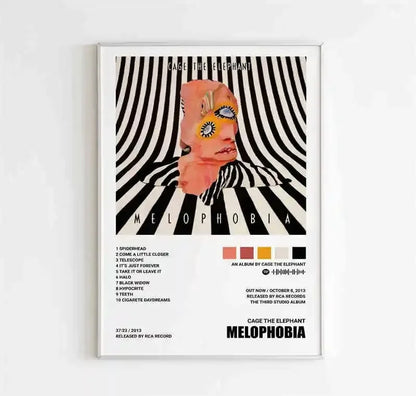 A framed matte paper poster featuring cage the elephant melophobia album artwork with yellow eyes and black white stripes for room decor