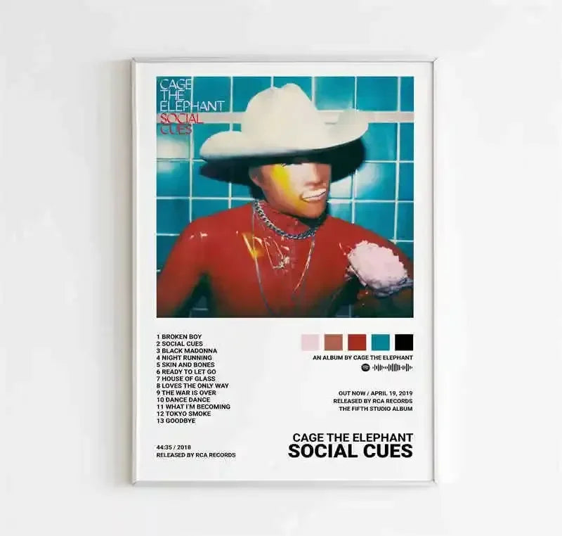 White-framed canvas poster featuring cage the elephant social cues album cover with man in cowboy hat and red outfit