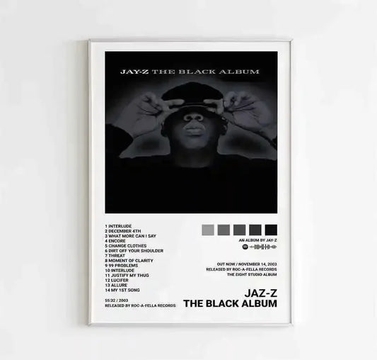 Black and white framed jay-z the black album poster featuring monochrome portrait and tracklist for room decor