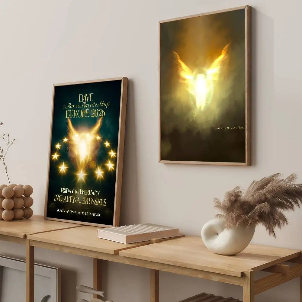 Golden angel-themed pop hip hop music album poster for dave’s europe 2026 concert ideal for bar wall decoration