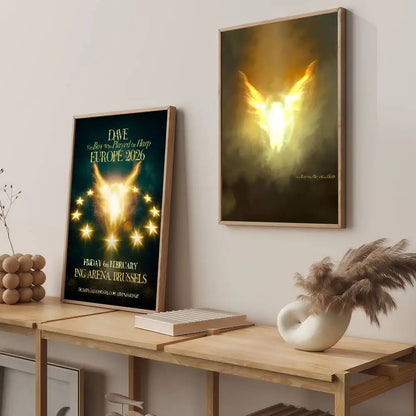 Golden angel-themed pop hip hop music album poster for dave’s europe 2026 concert ideal for bar wall decoration