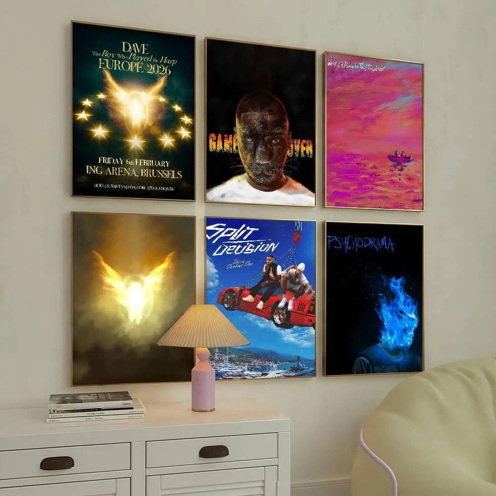 Six framed pop hip hop music album posters displayed above a white cabinet for bar wall decoration and home use