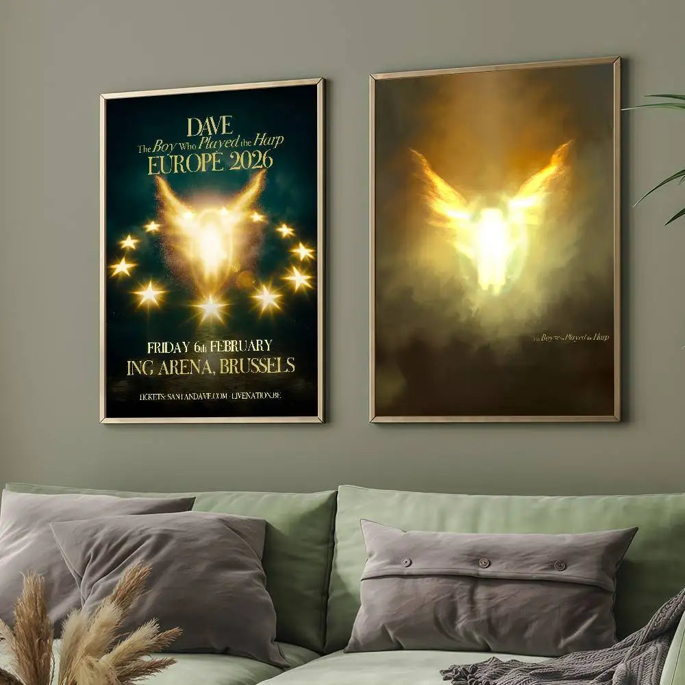 Two framed music album posters featuring daves 2026 europe tour and ethereal angel design for pop hip hop bar wall decoration