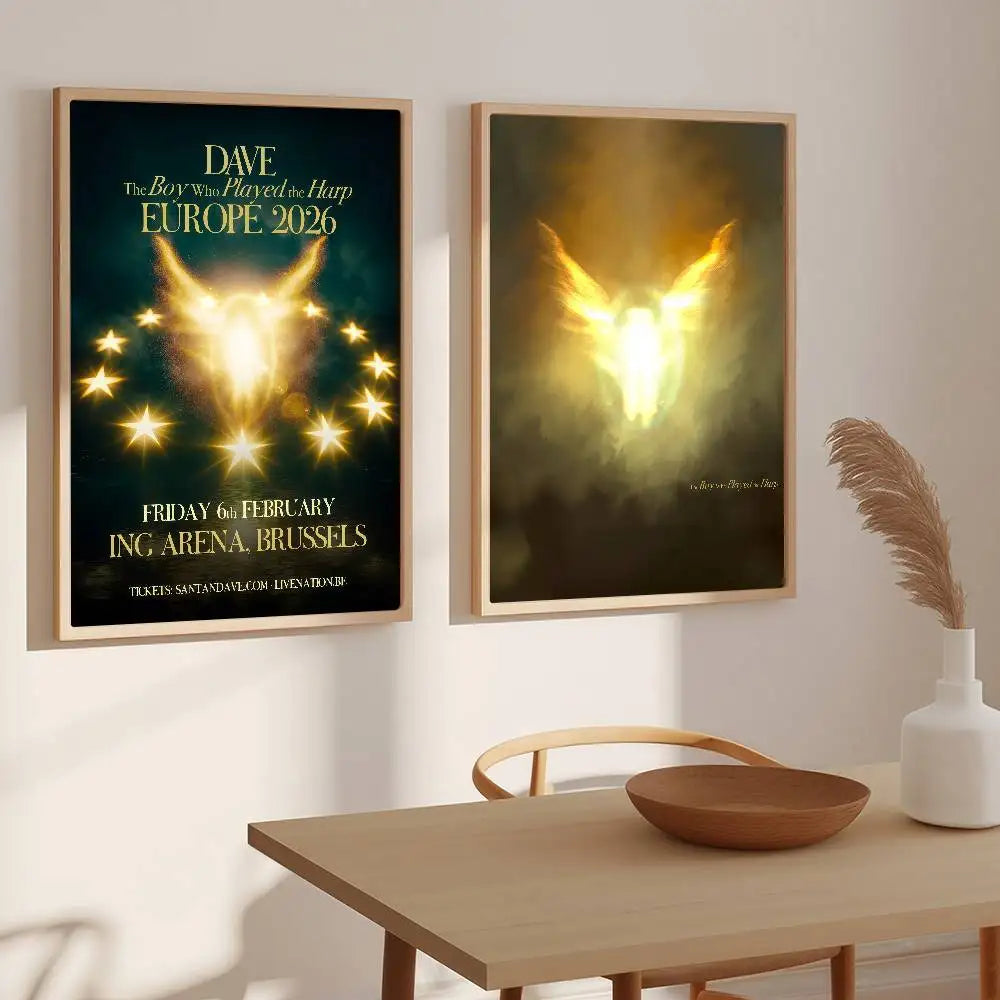 Two framed pop hip hop music album posters with golden angelic designs and dave 2026 europe tour for bar wall decoration