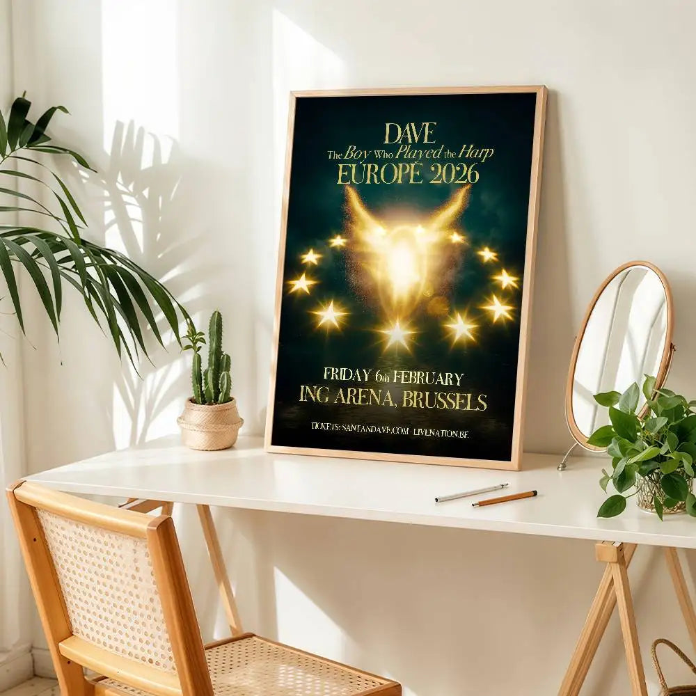 A framed pop hip hop music album poster with a glowing golden harp design for bar wall decoration