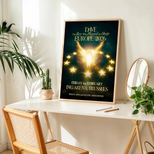 A framed pop hip hop music album poster with a glowing golden harp design for bar wall decoration