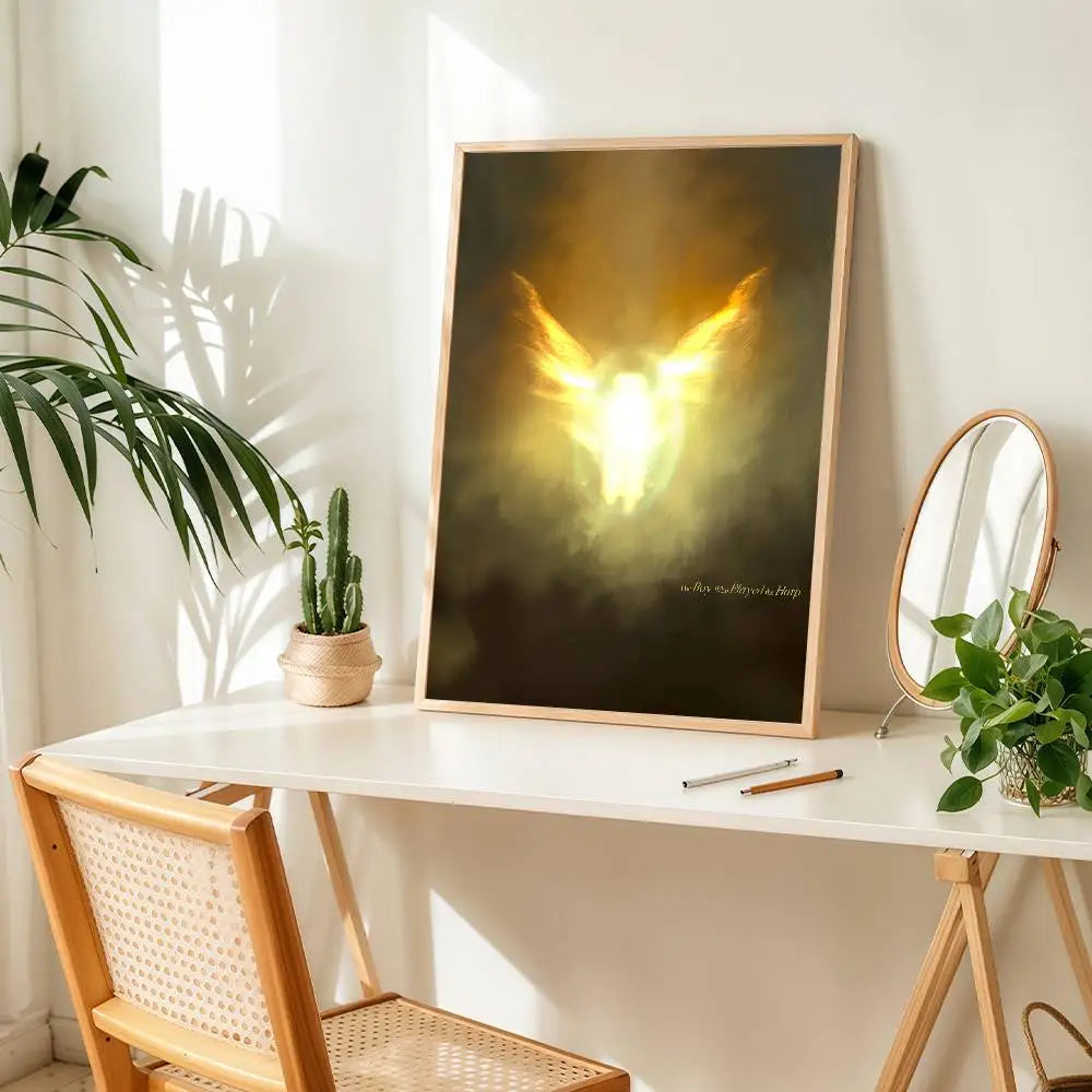 A framed pop hip hop music album poster with glowing golden wings on a dark smoky background for bar wall decoration
