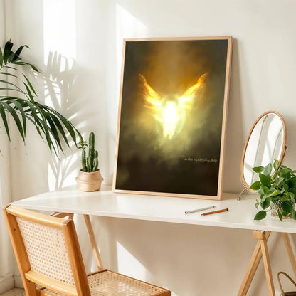 A framed pop hip hop music album poster with glowing golden wings on a dark smoky background for bar wall decoration