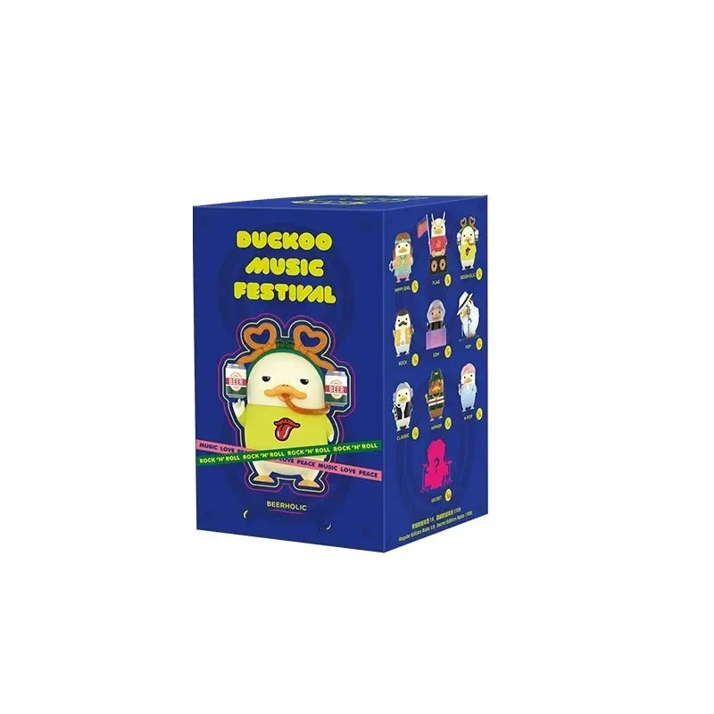 Blue rectangular pop mart duckoo music festival mystery box toys featuring a duck character with heart-shaped antlers