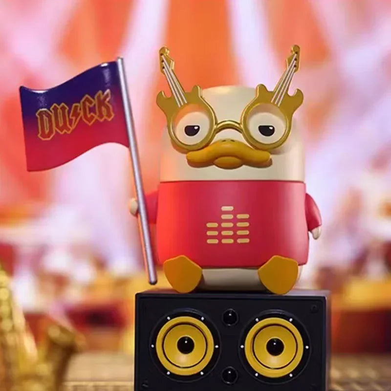 A whimsical pop mart duckoo music festival mystery box toy duck figurine with gold glasses and red torso holding a dusck flag