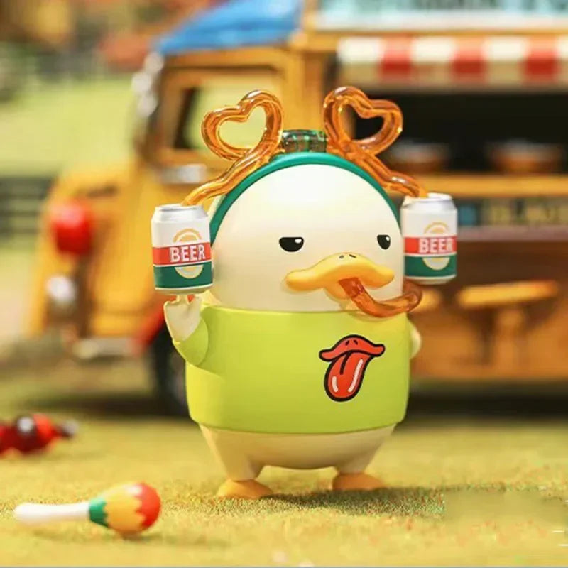 A cute lime green plush pop mart duckoo figure with red tongue design and heart shaped antlers from duckoo music festival mystery box toys