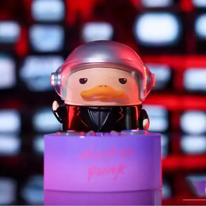 A translucent pink helmeted pop mart duckoo astronaut figurine with glowing red accents from duckoo music festival mystery box toys
