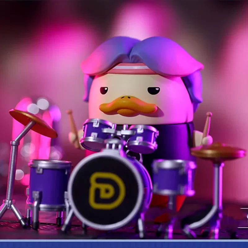 A pop mart duckoo plush figurine with purple hair and orange mustache playing blue drums from duckoo music festival mystery box toys