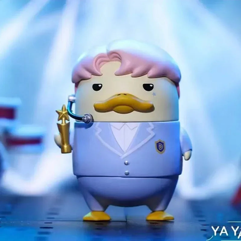 A light blue pop mart duckoo figurine with pink hair yellow mustache in formal suit holding golden star trophy from duckoo music festival mystery box toys collection