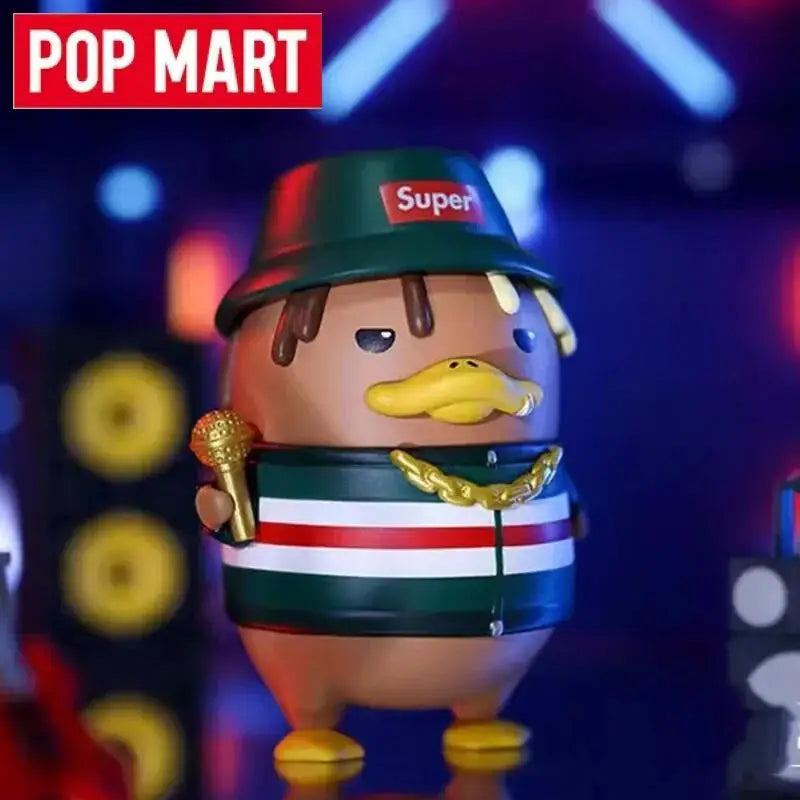 Brown pop mart duckoo figurine from duckoo music festival series wearing green hat and striped jacket holding microphone