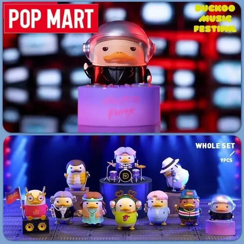A glossy silver helmeted duck figurine in a black suit from pop mart duckoo music festival mystery box toys collection