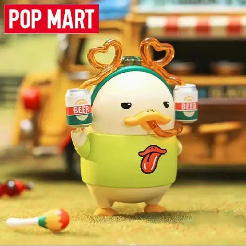 A lime green pop mart duckoo figurine with white duck face orange beak and heart-shaped translucent antlers from duckoo music festival mystery box toys collection