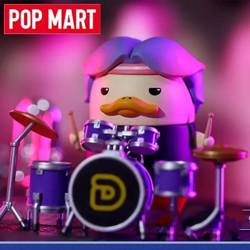 Purple-haired pop mart duckoo duck figurine with orange beak and mustache posed as drummer from duckoo music festival mystery box toys