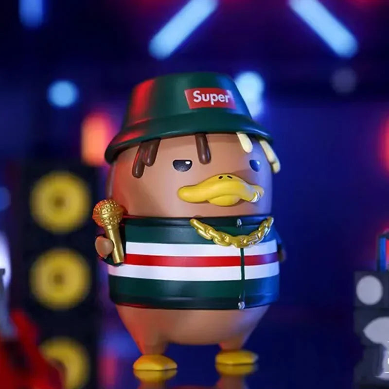 A pop mart duckoo music festival stylized duck figurine wearing supreme hat holding gold microphone mystery box toy