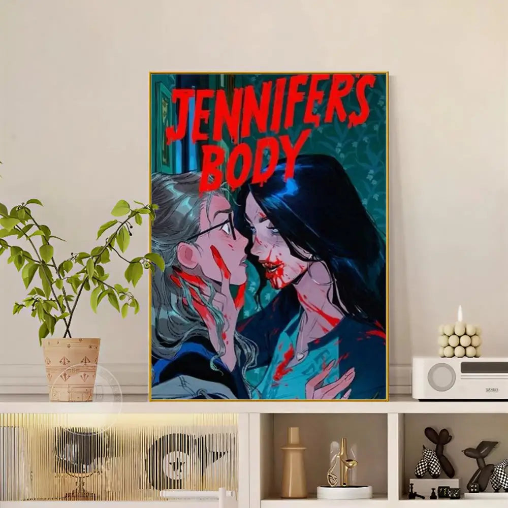 A framed pop movie jennifer body poster with bold red lettering and modern graphic illustration on waterproof self-adhesive decor