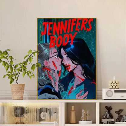 A framed pop movie jennifer body poster with bold red lettering and modern graphic illustration on waterproof self-adhesive decor