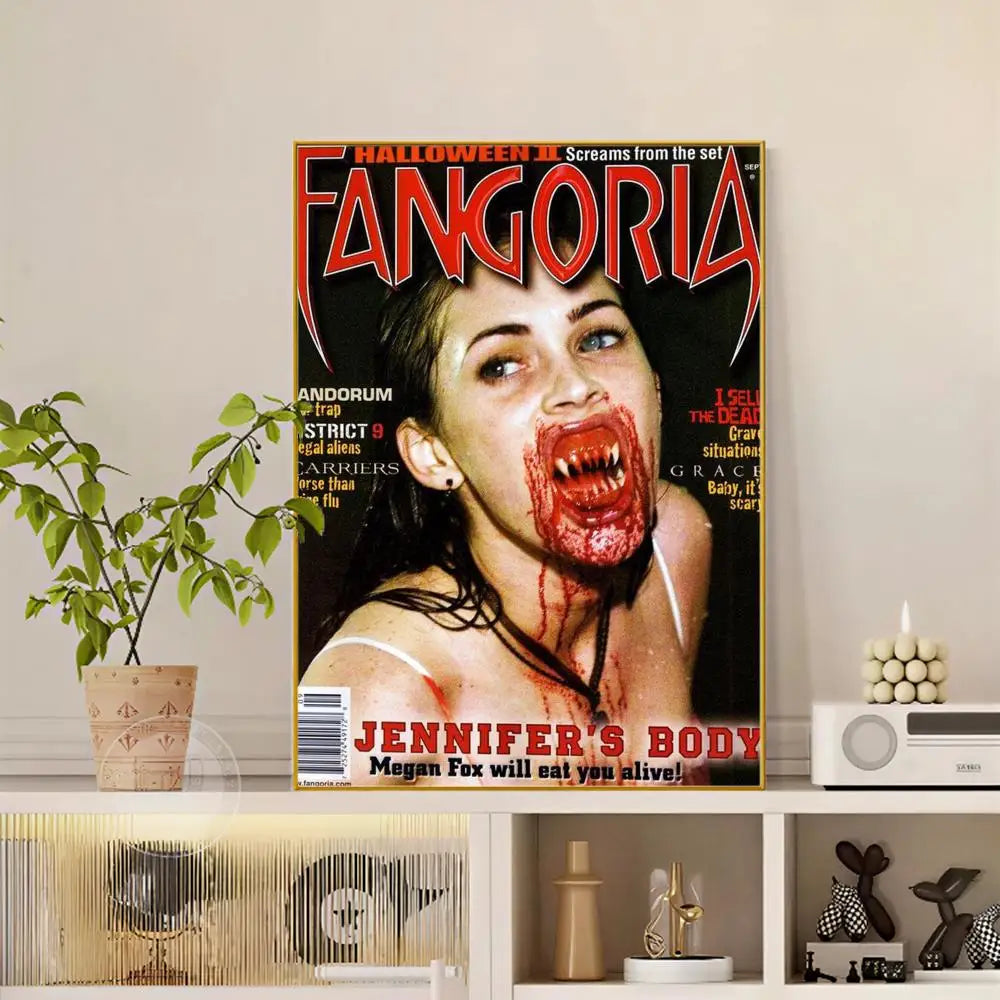 Fangoria magazine cover featuring woman with bloodied mouth and fangs printed on glossy paper modern graphic poster