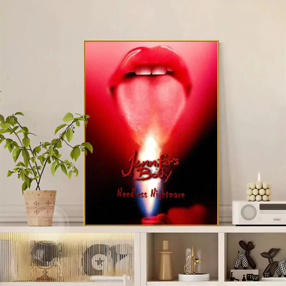 A red lips close-up modern graphic canvas print featuring a glowing needle and text for versatile wall art decor
