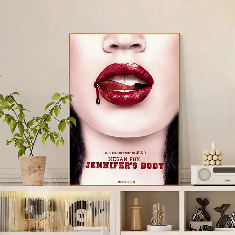 A framed pop movie jennifer body poster featuring a modern graphic of megan fox’s red lips with droplets, waterproof decor