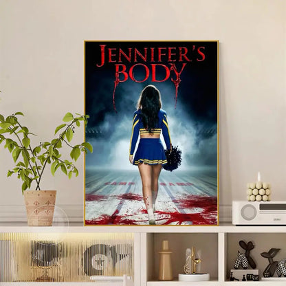 A framed modern graphic poster of Jennifer’s Body featuring a cheerleader on blood-stained steps for versatile wall decor