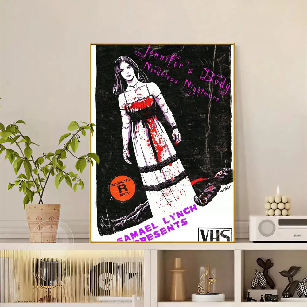 A modern graphic framed poster of jennifer lynch in a white dress with red splatters and purple text on black background