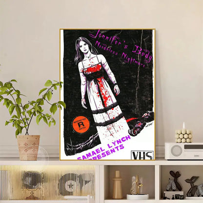 A modern graphic framed poster of jennifer lynch in a white dress with red splatters and purple text on black background
