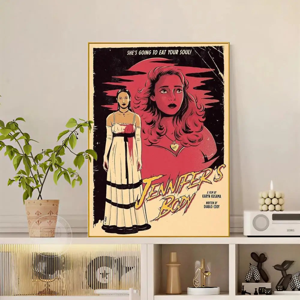 A framed pop movie Jennifer Body poster with modern graphic artwork of a woman in a striped dress on red background