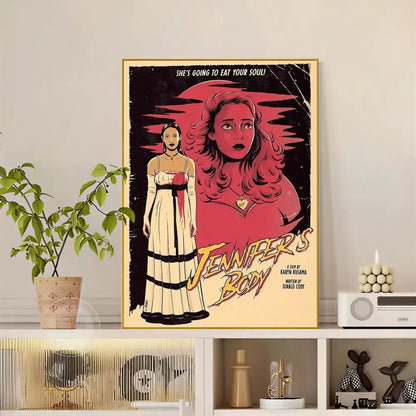 A framed pop movie Jennifer Body poster with modern graphic artwork of a woman in a striped dress on red background