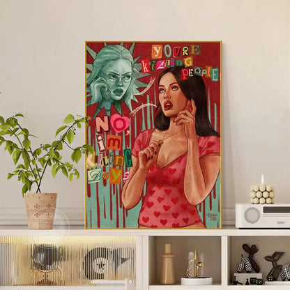 Pop movie jennifer body versatile hd waterproof wall art featuring modern graphic woman in pink heart top and glasses figure