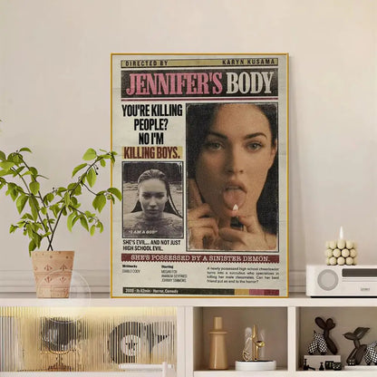 A framed pop movie jennifer body poster featuring a modern graphic black-and-white megan fox with pink text and gold trim