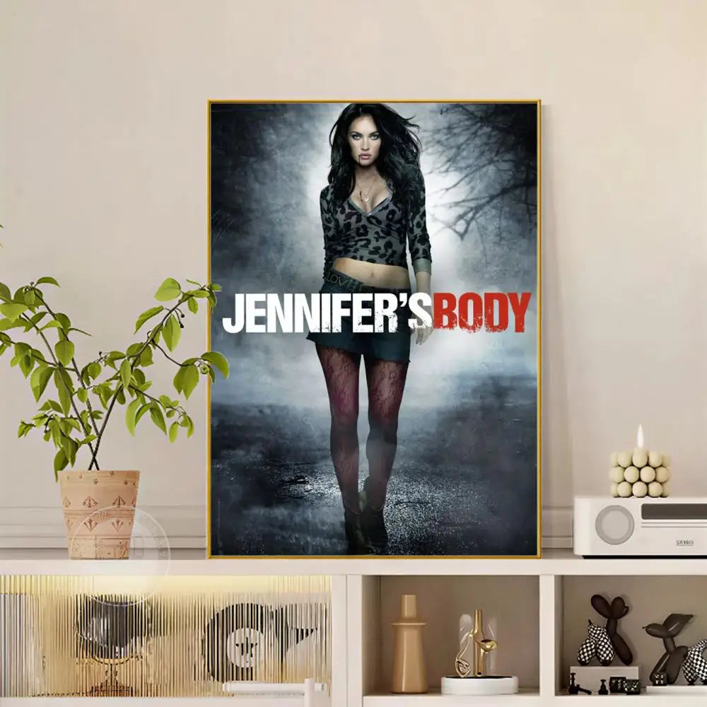A framed modern graphic poster of a woman in black and gray leopard print top titled jennifers body for wall decor