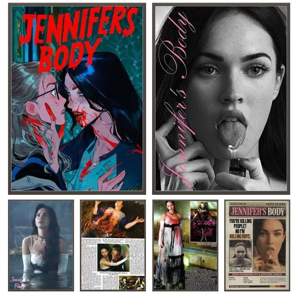 Black-and-white modern graphic pop movie jennifer body poster with pink cursive text and actress megan fox holding a lighter