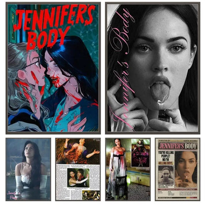Black-and-white modern graphic pop movie jennifer body poster with pink cursive text and actress megan fox holding a lighter