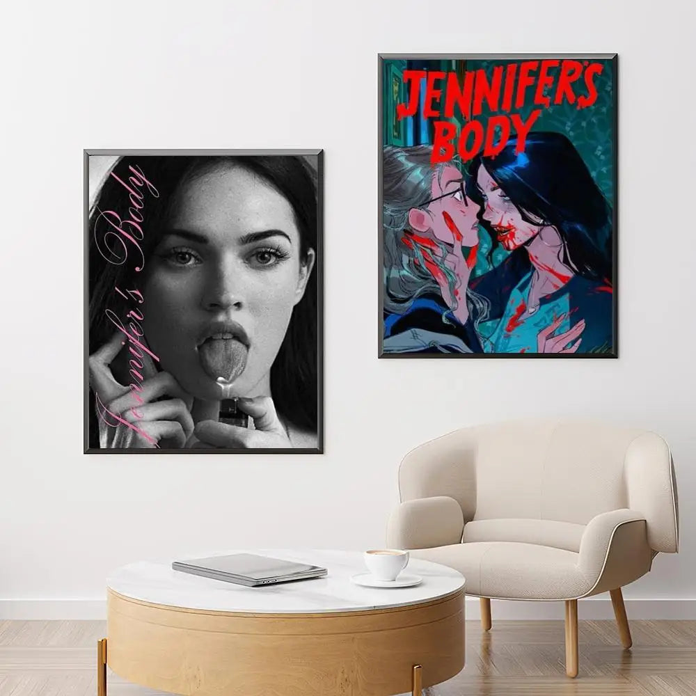 Black-and-white framed poster of megan fox with pink cursive text jennifers body modern graphic wall art decor
