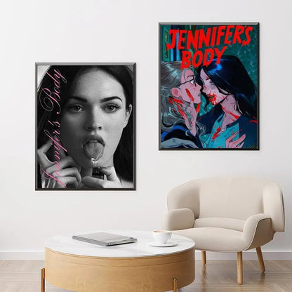 Black-and-white framed poster of megan fox with pink cursive text jennifers body modern graphic wall art decor