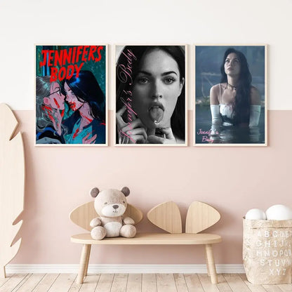 Three framed jennifer’s body movie posters in modern graphic style with versatile hd waterproof self-adhesive decor on pink wall